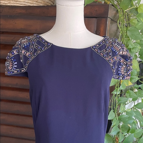Badgely Mischka Long Navy Blue Evening Gown Size 10 Beaded Cap Sleeve Mini Train - Picture 4 of 11